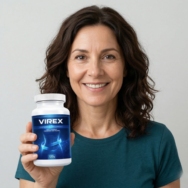 Frau hält die Originalflasche von Virex Kapseln